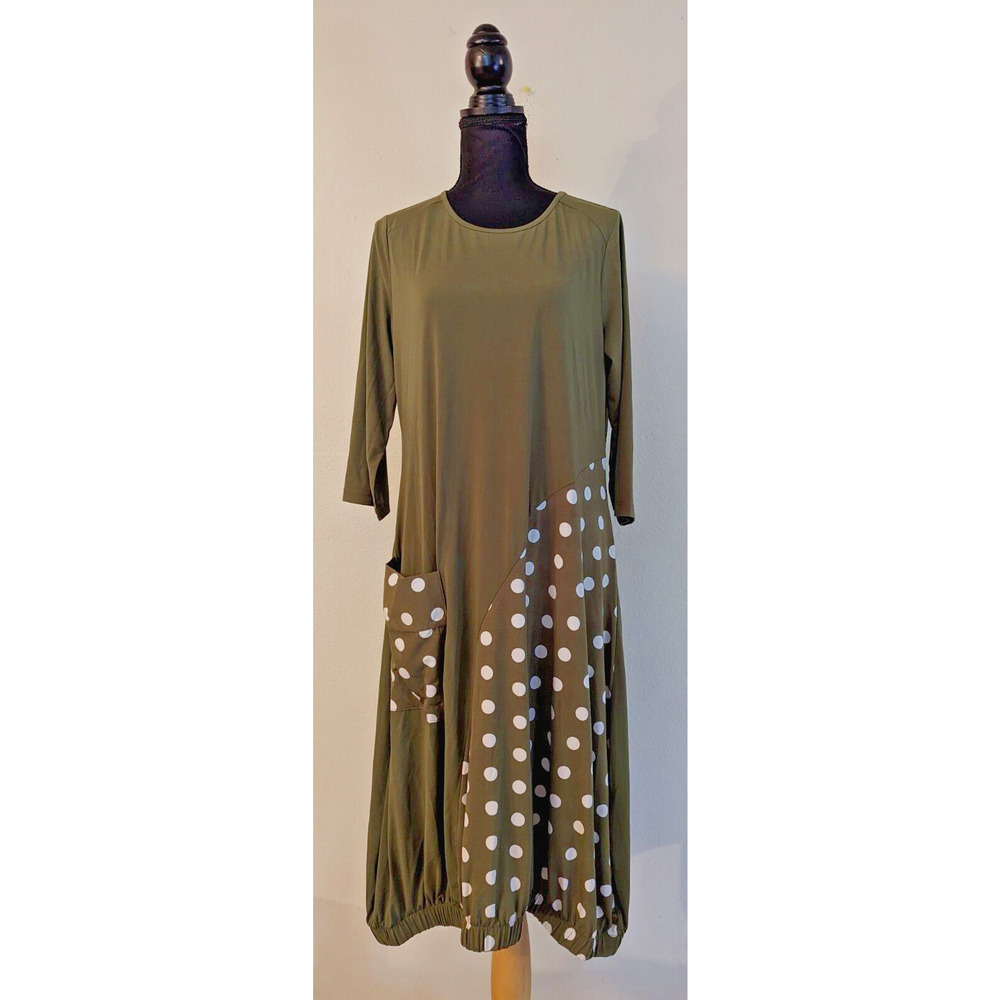 New Truth + Style sz SP Knit Dress with Polka Dot Panel Olive white qvc1